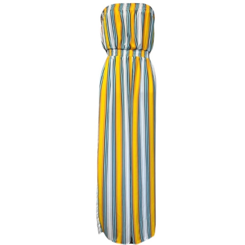 Forever 21 Medium Strapless Yellow Blue White Stripe Jumpsuit Casual - Picture 2 of 9
